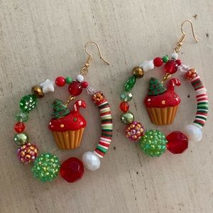 Holiday hunter green heart cupcake earrings Xmas sweets dessert bakers cake tree